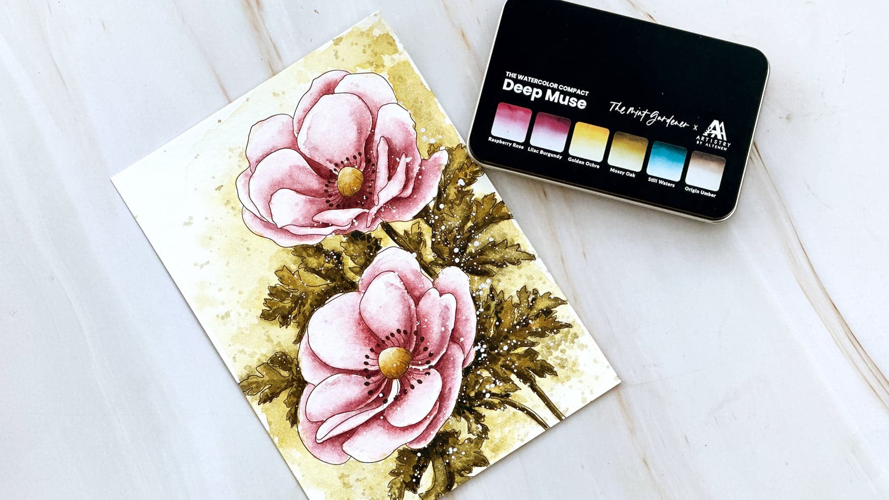 Watercolor botanical flowers painted with Altenew Deep Muse Watercolor Compact