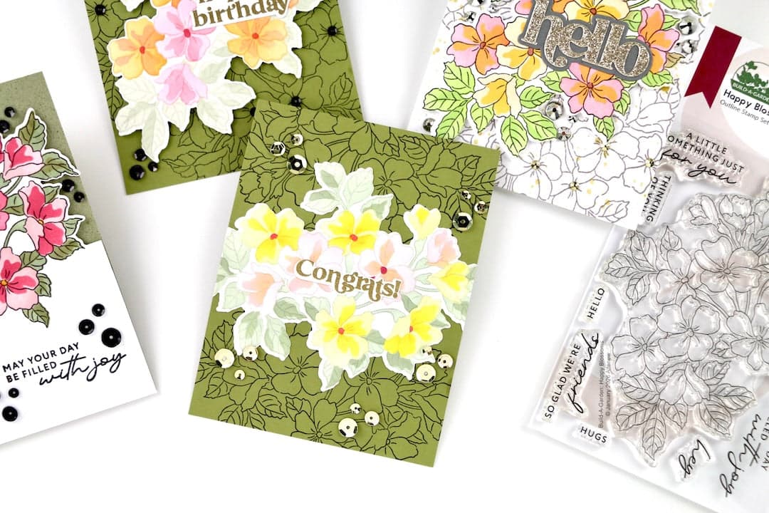 The feature photo shows one of the cards made the the Build-A-Garden Happy Blossom set using the colour inspiration from the Altenew packaging!