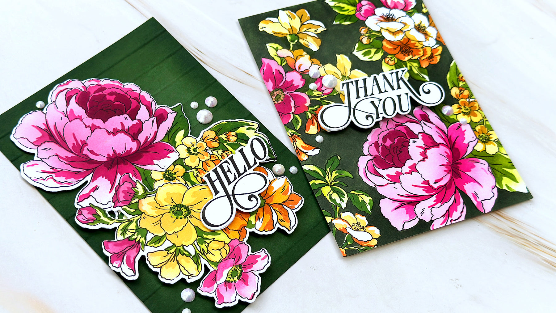 Spring floral cards with stamped background and green alcohol marker coloring