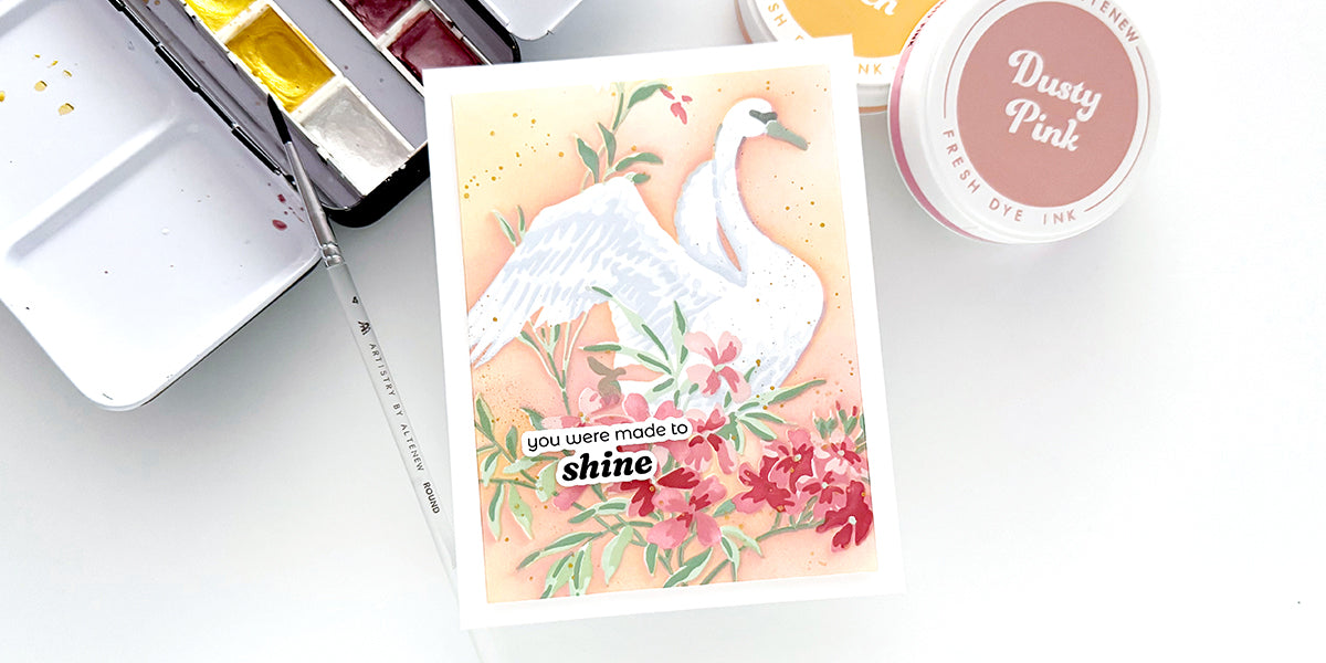 Serene swan card made with layering stencil, soft ink blending, and floral background