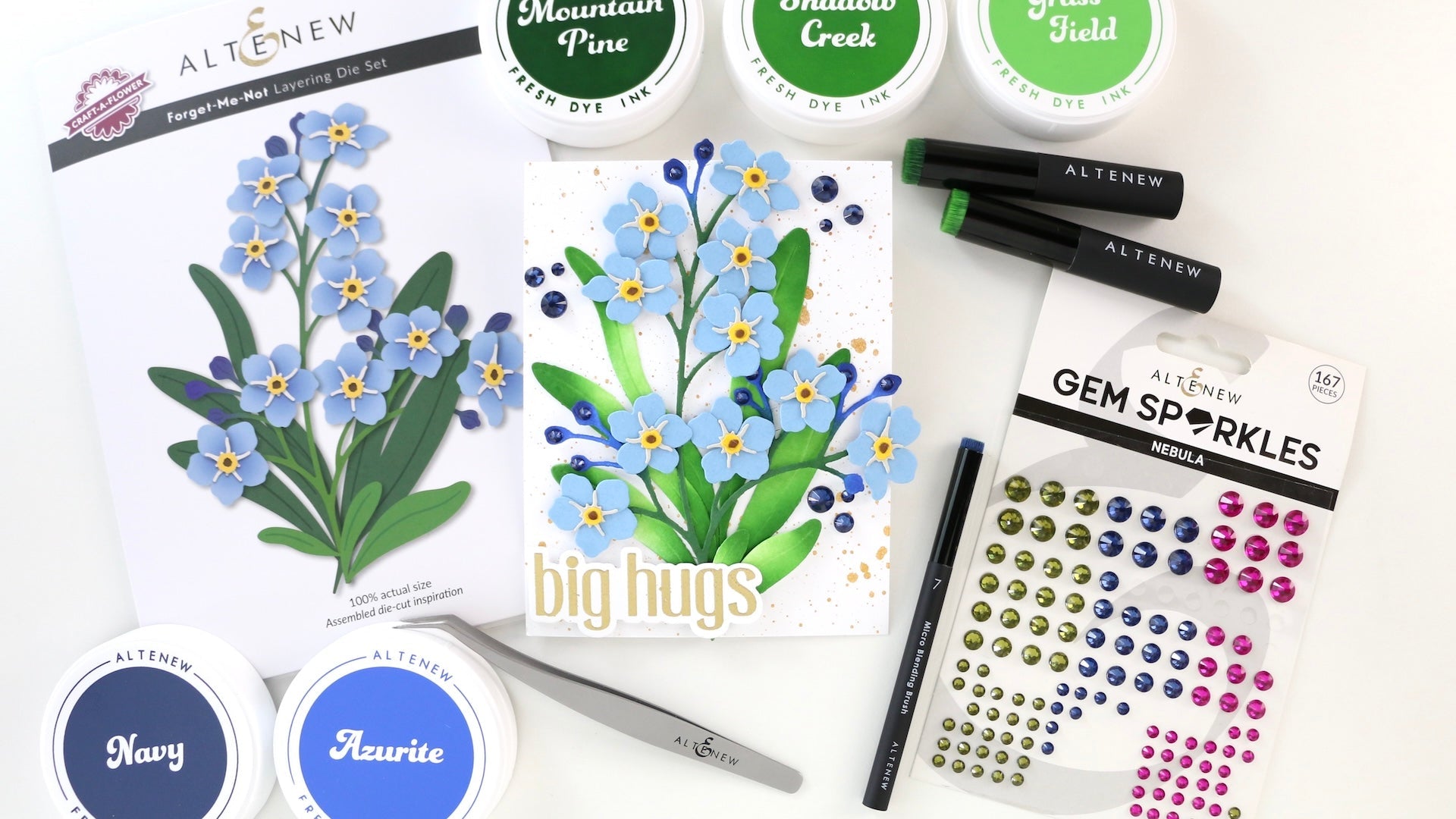 The feature photo shows the finished card made with the CAF Forget Me Not set