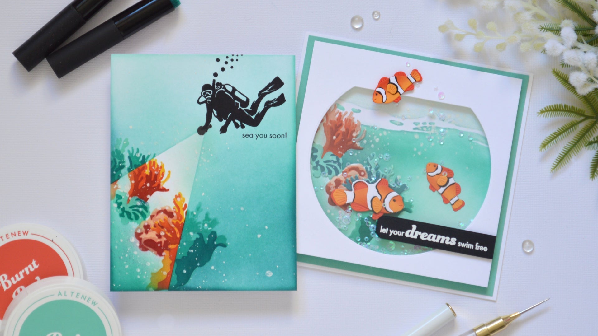 Two underwater cards by Therese Calvird featuring a fishbowl shaker card and spotlight reef technique