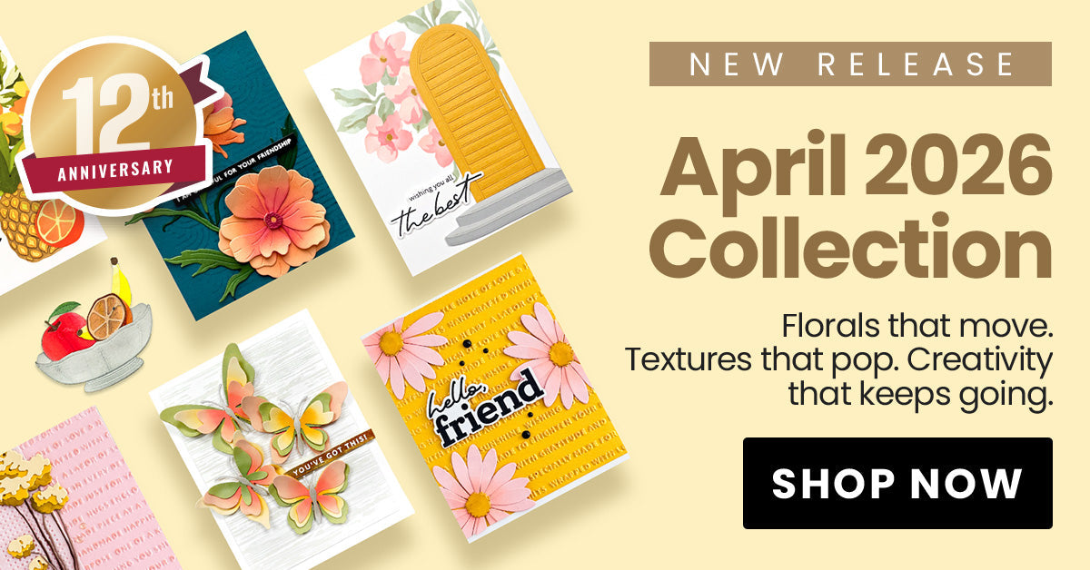 A digitally made banner promoting Altenew's April 2026 Release showing two handmade cards, the new watercolor compact and the Petal Shaper Tool.