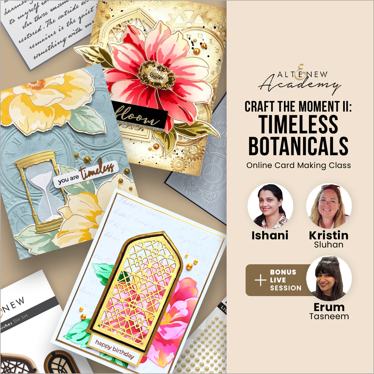 Altenew Craft The Moment II Timeless Botanicals workshop kit with botanical stamps and crafting supplies on a label.