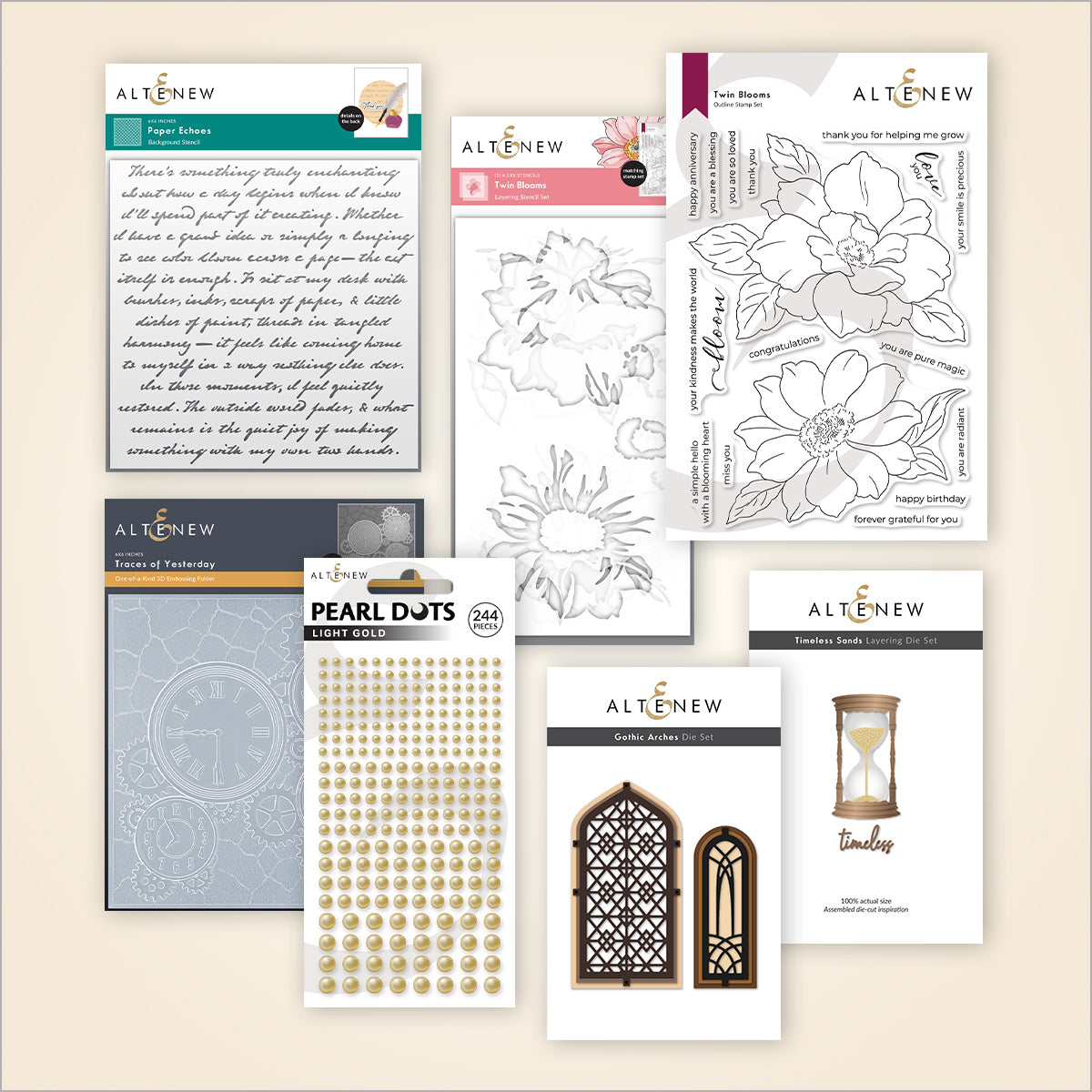 Complete kit for the Craft The Moment II: Timeless Botanicals workshop by Altenew, featuring botanical-themed crafting supplies.