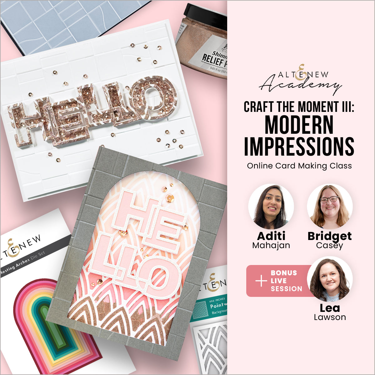 Altenew Craft the Moment III Modern Impressions workshop kit with colorful craft supplies and project materials on a white background.