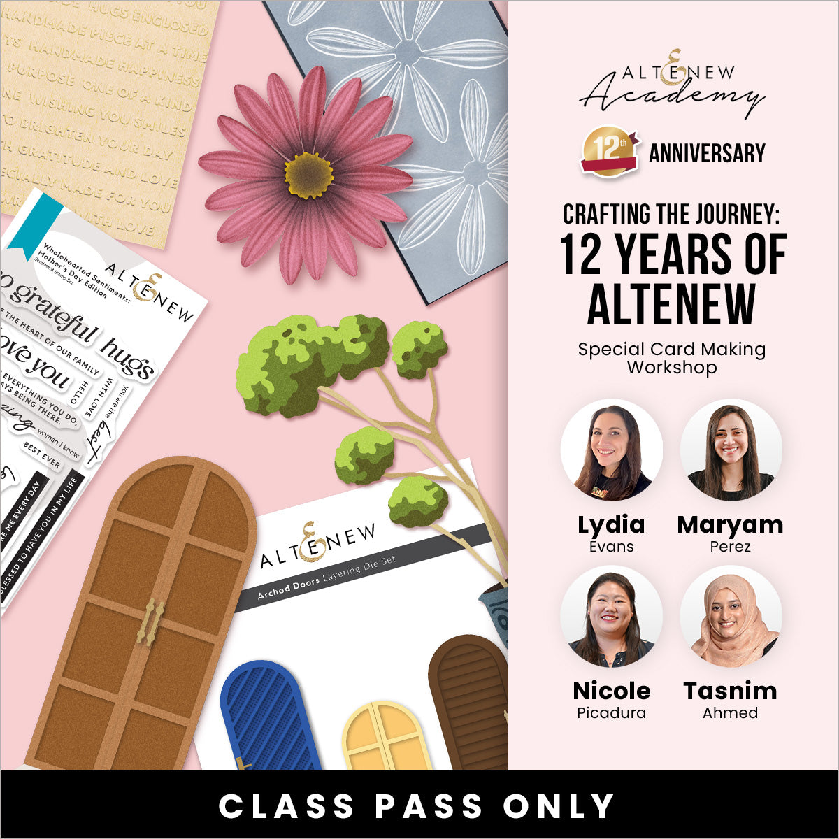 Altenew's "Crafting the Journey" 12-year special workshop class pass label, featuring branding and workshop details.