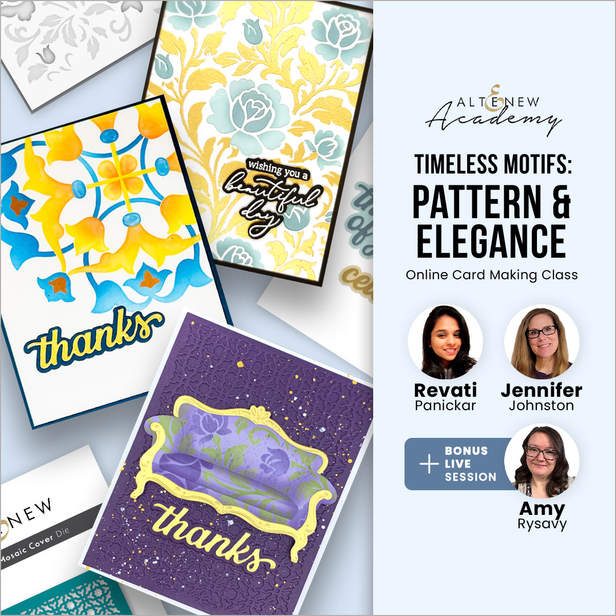 Altenew Timeless Motifs I workshop kit featuring elegant pattern and design elements for crafting and stamping projects.