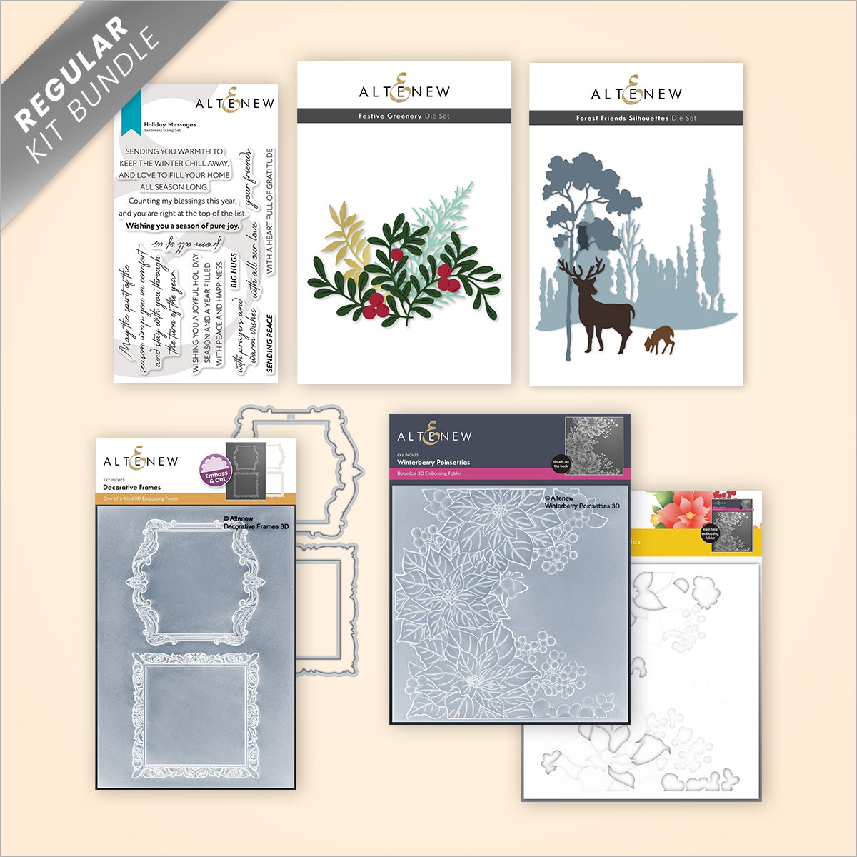Altenew Woodland Charm Beyond the Holidays workshop kit with colorful woodland-themed craft supplies and labels.