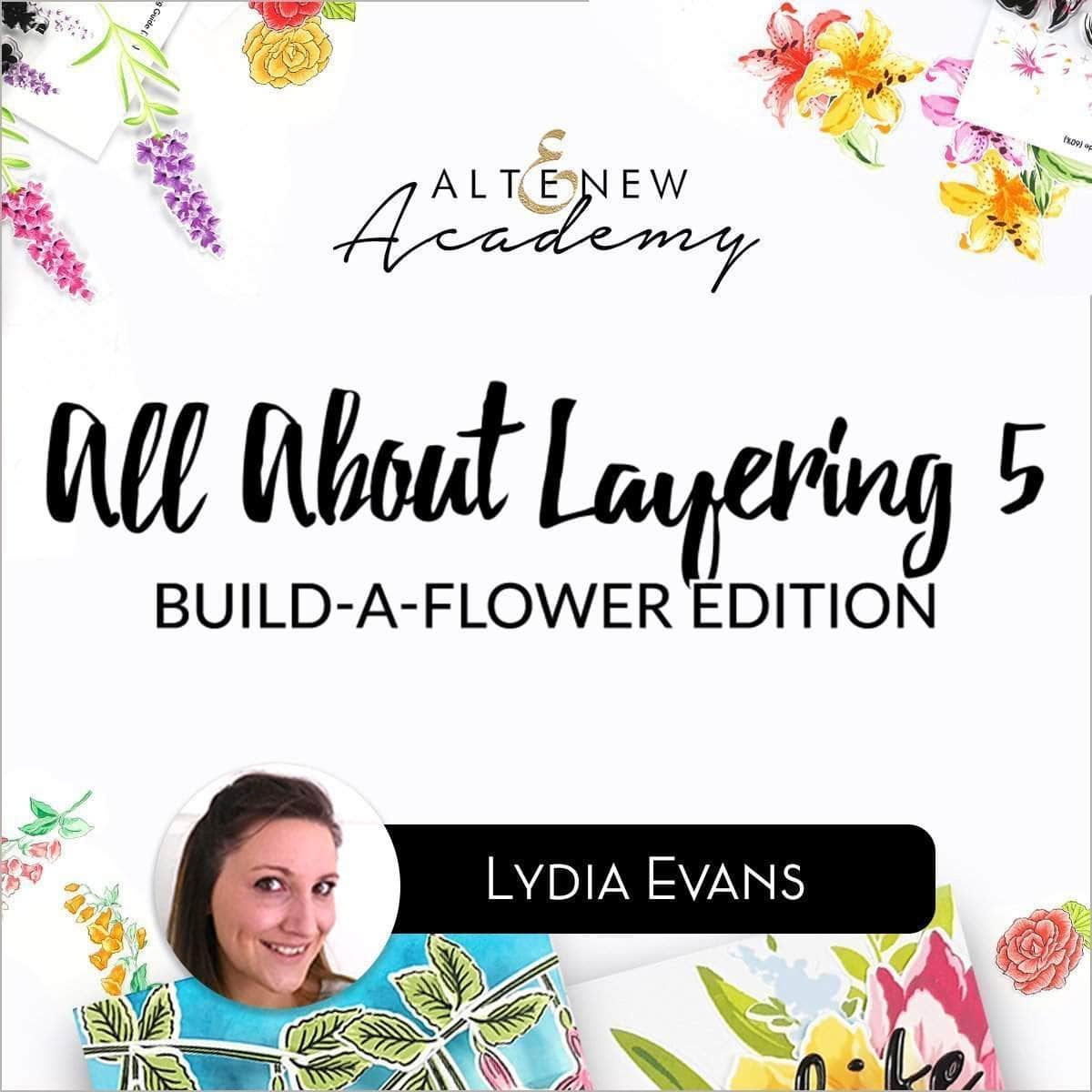 All About Layering 5 BAF Edition online cardmaking class by Altenew, featuring project examples and instructional materials on screen.
