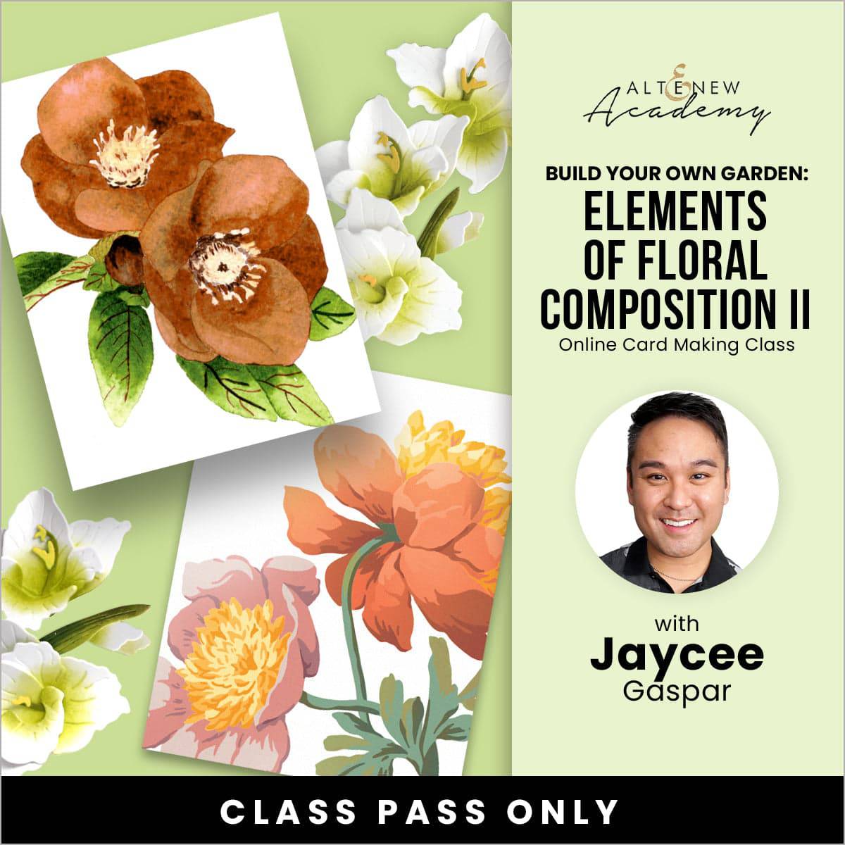 Workshop on building your own garden with floral composition elements by Altenew, featuring participants creating floral designs.