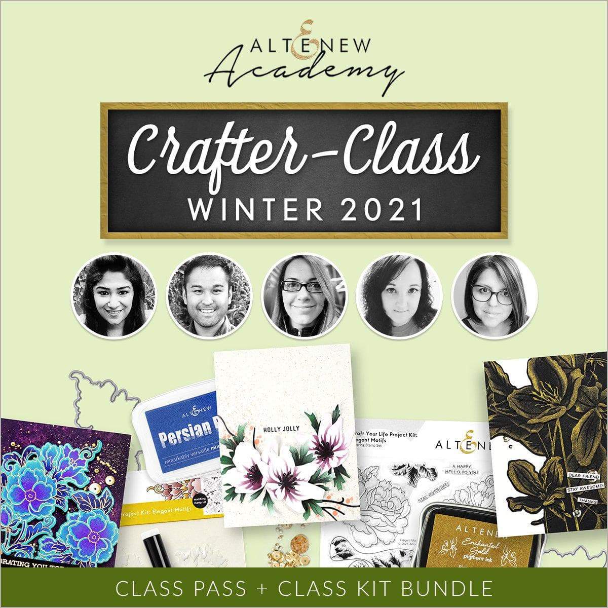 Altenew Crafter-Class Winter 2021 workshop pass and kit bundle, includes craft supplies and instructional materials for creative projects.