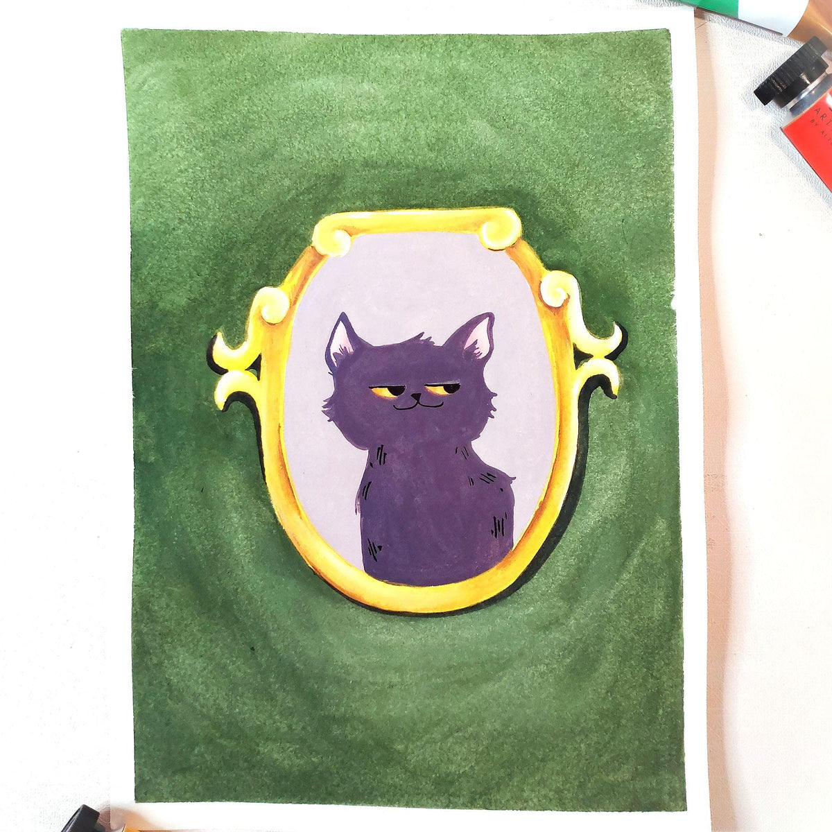 On-demand Altenew crafting class image showing gouache paints, brushes, and a workspace for beginners learning to use gouache.