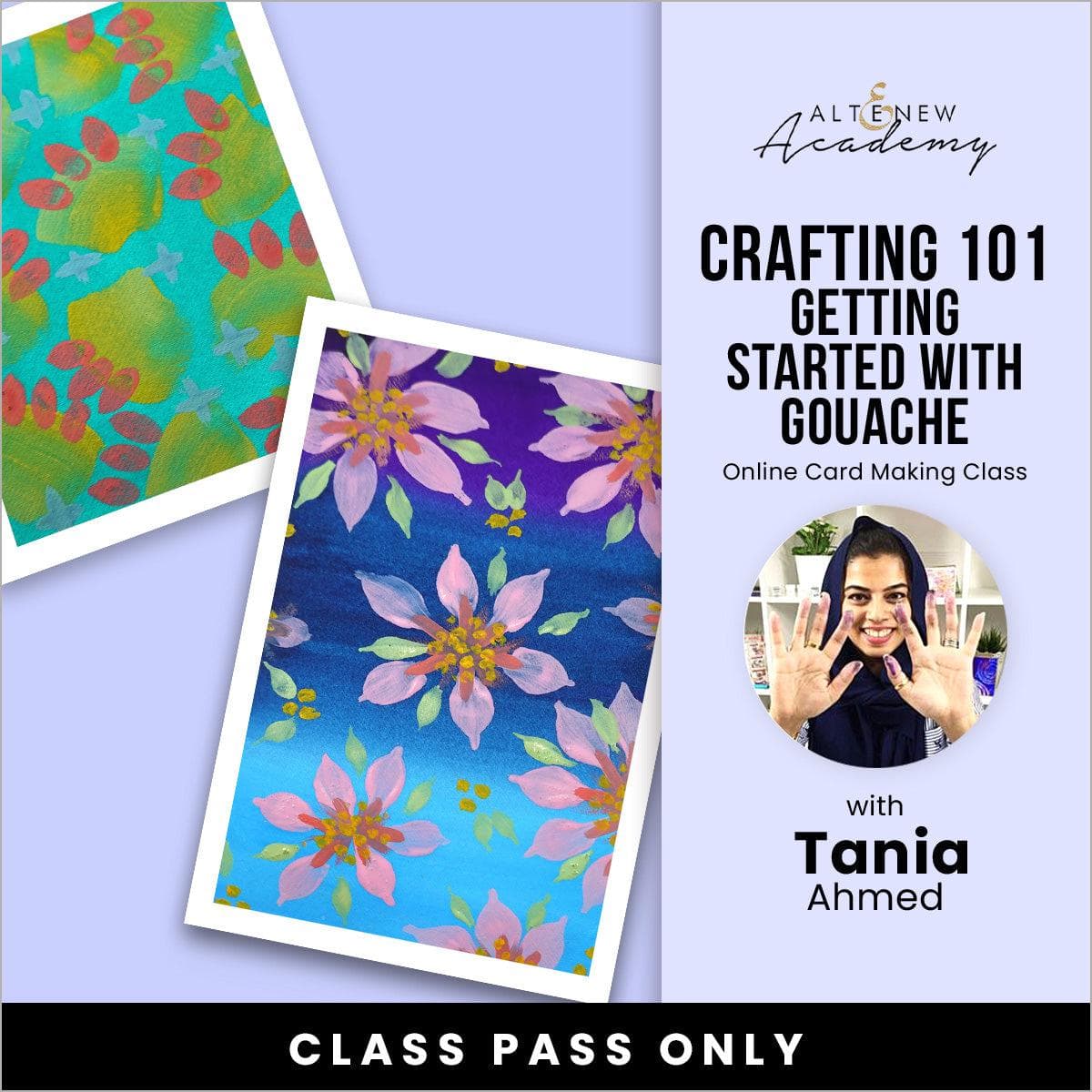 On-demand Altenew crafting class showing beginners how to start with gouache painting techniques.