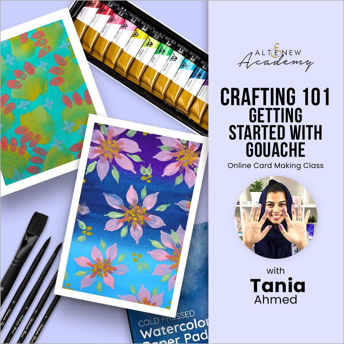On Demand Altenew Crafting 101 class on getting started with gouache, featuring painting supplies and example artwork.