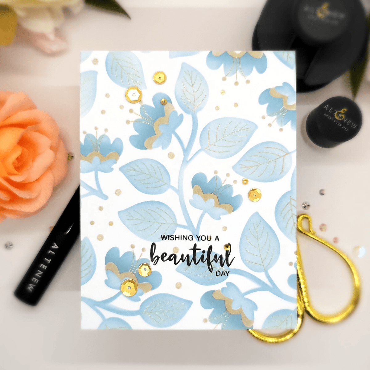 Altenew Crafting 101 Layering Stencils on demand class cover with stencil designs and crafting tools for paper crafting projects.