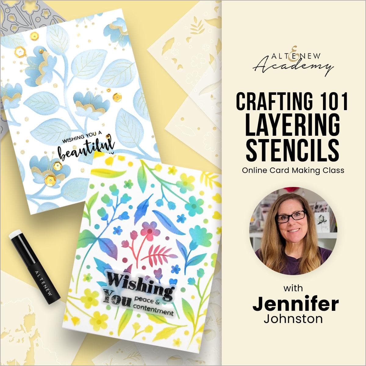 Altenew Crafting 101 Layering Stencils on demand class with stencils and crafting tools for paper crafting and card making.