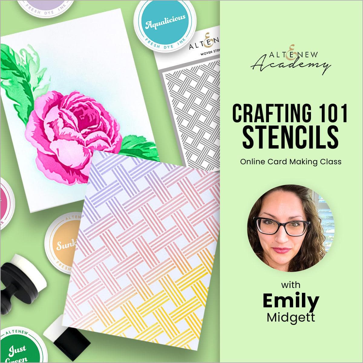 Altenew Crafting 101 stencil online cardmaking class on demand, featuring various stencil designs for creative crafting projects.