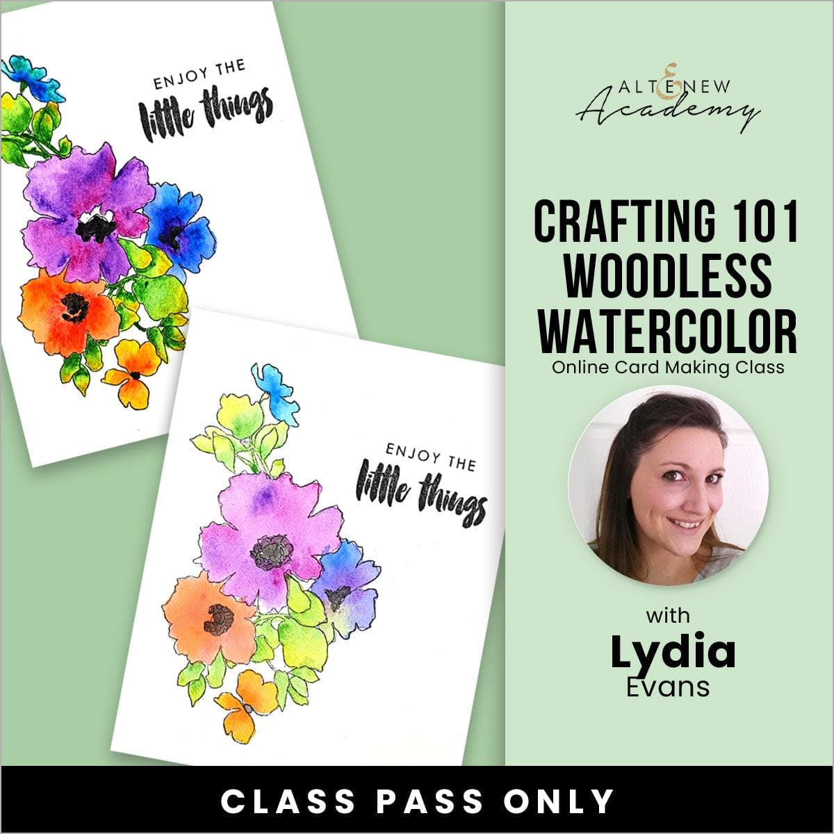 Altenew Crafting 101 Woodless Watercolor Online Cardmaking Class on demand, featuring watercolor tools and sample handmade cards.