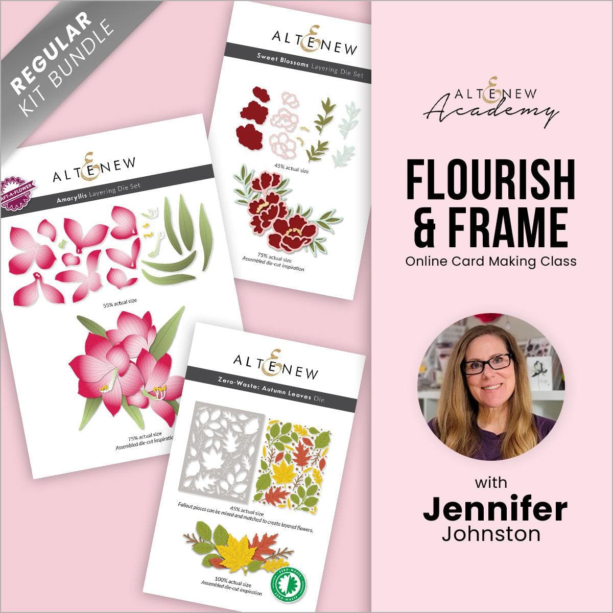 Altenew Flourish & Frame simple die-cut floral design for on-demand crafting class, featuring delicate floral patterns.