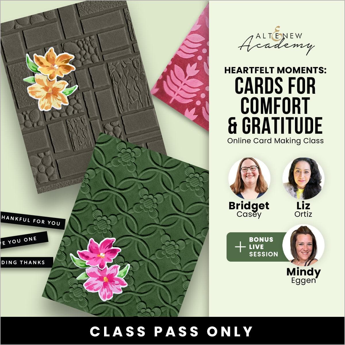 Workshop class for Heartfelt Moments cards by Altenew, featuring comforting and gratitude-themed card designs.