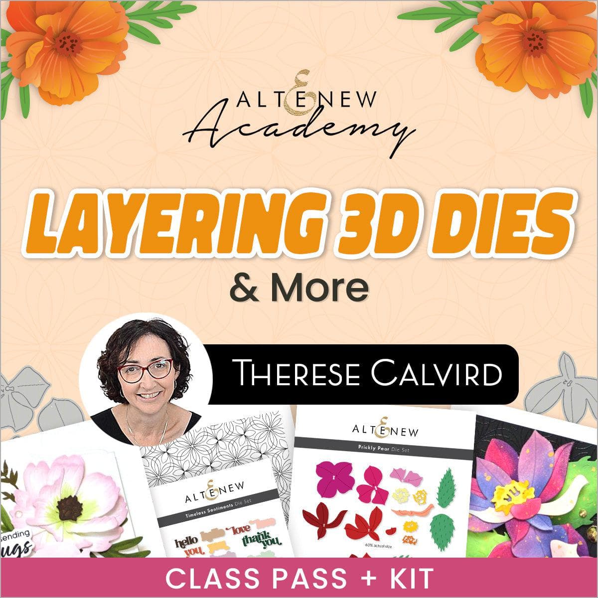 Altenew Layering Dies 3D & More workshop class pass and kit, featuring detailed craft dies for creative paper projects.
