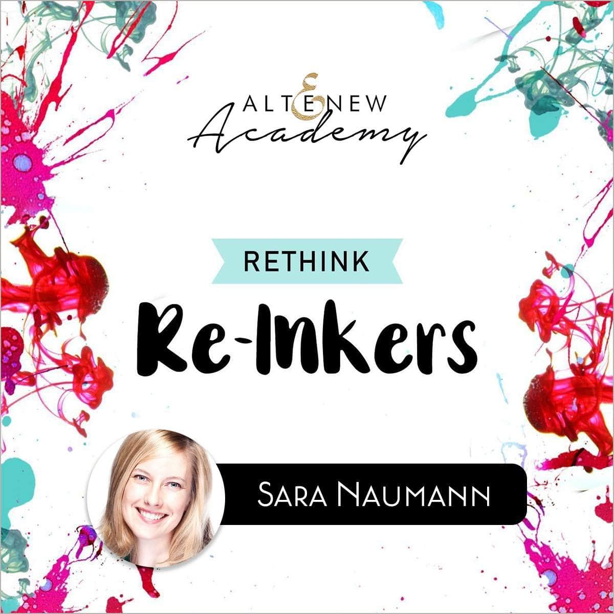 Altenew Rethink Re-inkers online cardmaking class on demand, featuring a computer screen with class materials and ink re-inkers.