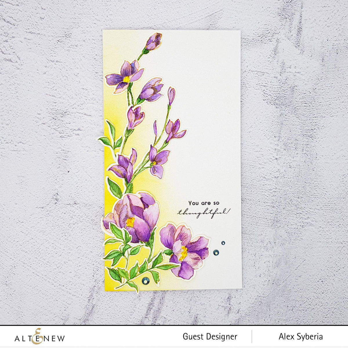 On-demand Altenew cardmaking class showcasing spritzed faux watercoloring with stamps for creative crafting projects.
