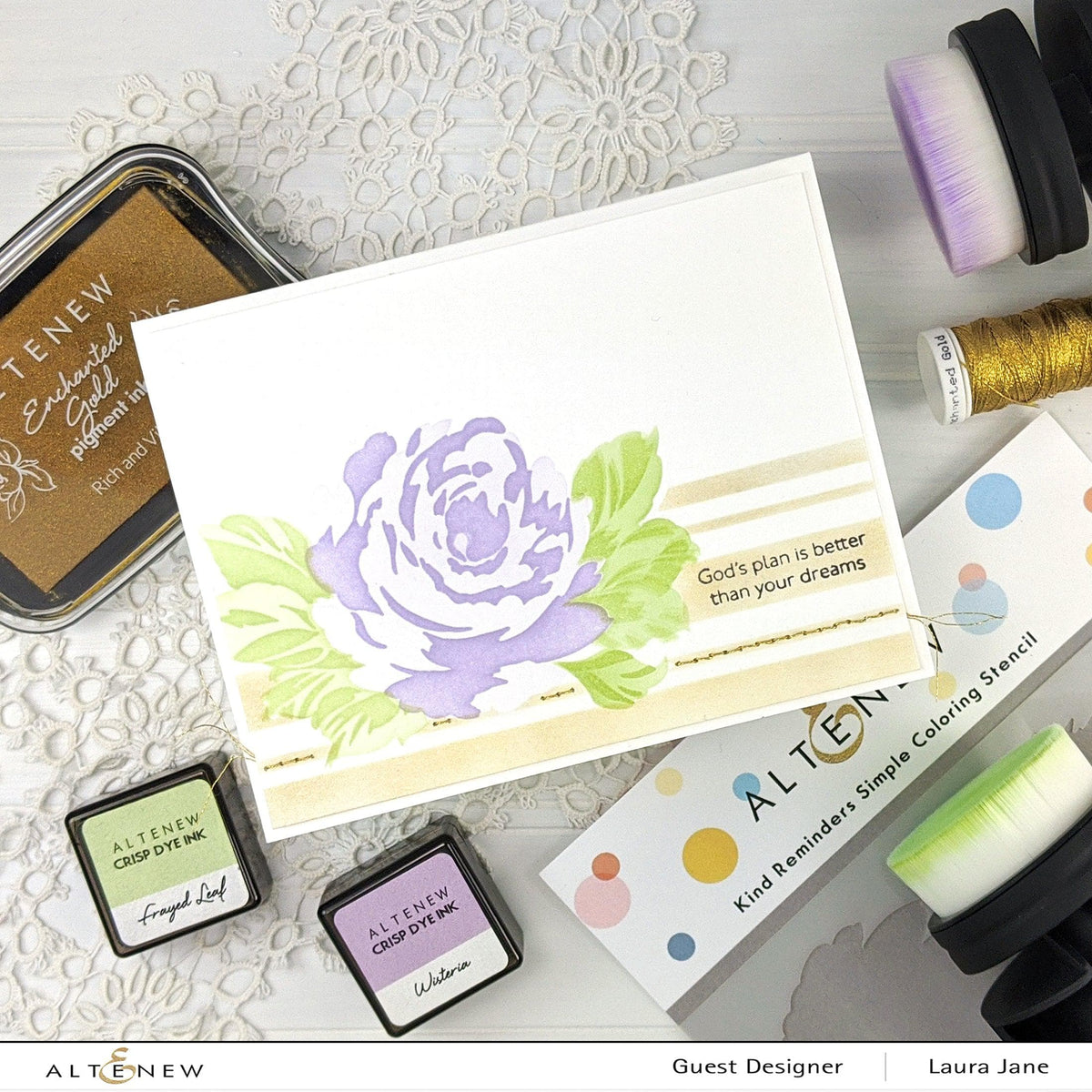 Altenew Super Simple Stencil Layering Class on demand, showing step-by-step instructions for creating layered stencil designs.