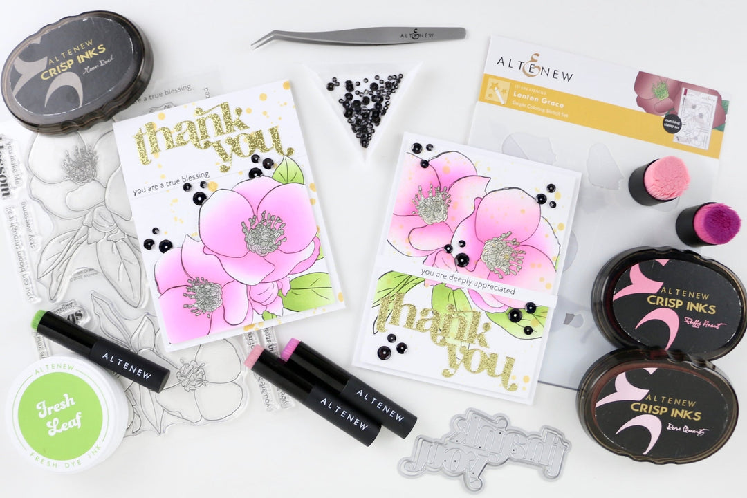 The photo shows a closeup of the finished cards with the Lenten Grace blooms. 