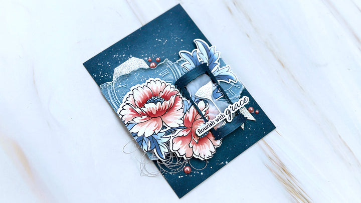 Moody layered floral card with faux denim background