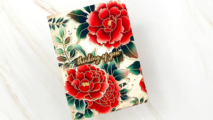 Build-A-Garden Blossoming Trio floral card with red ink blended flowers