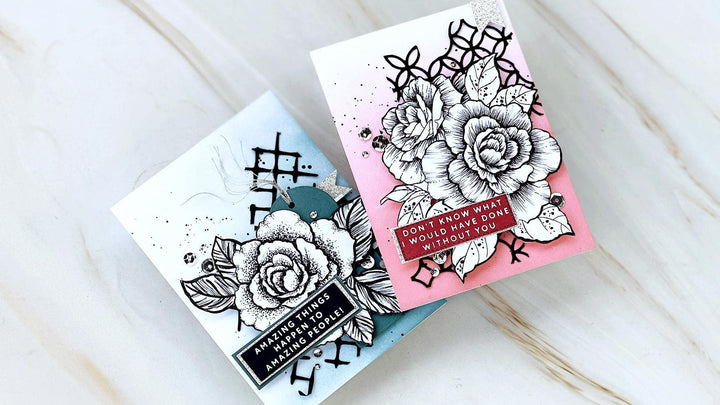 Two striking pen techniques on floral stamped cards using dot and line detailing