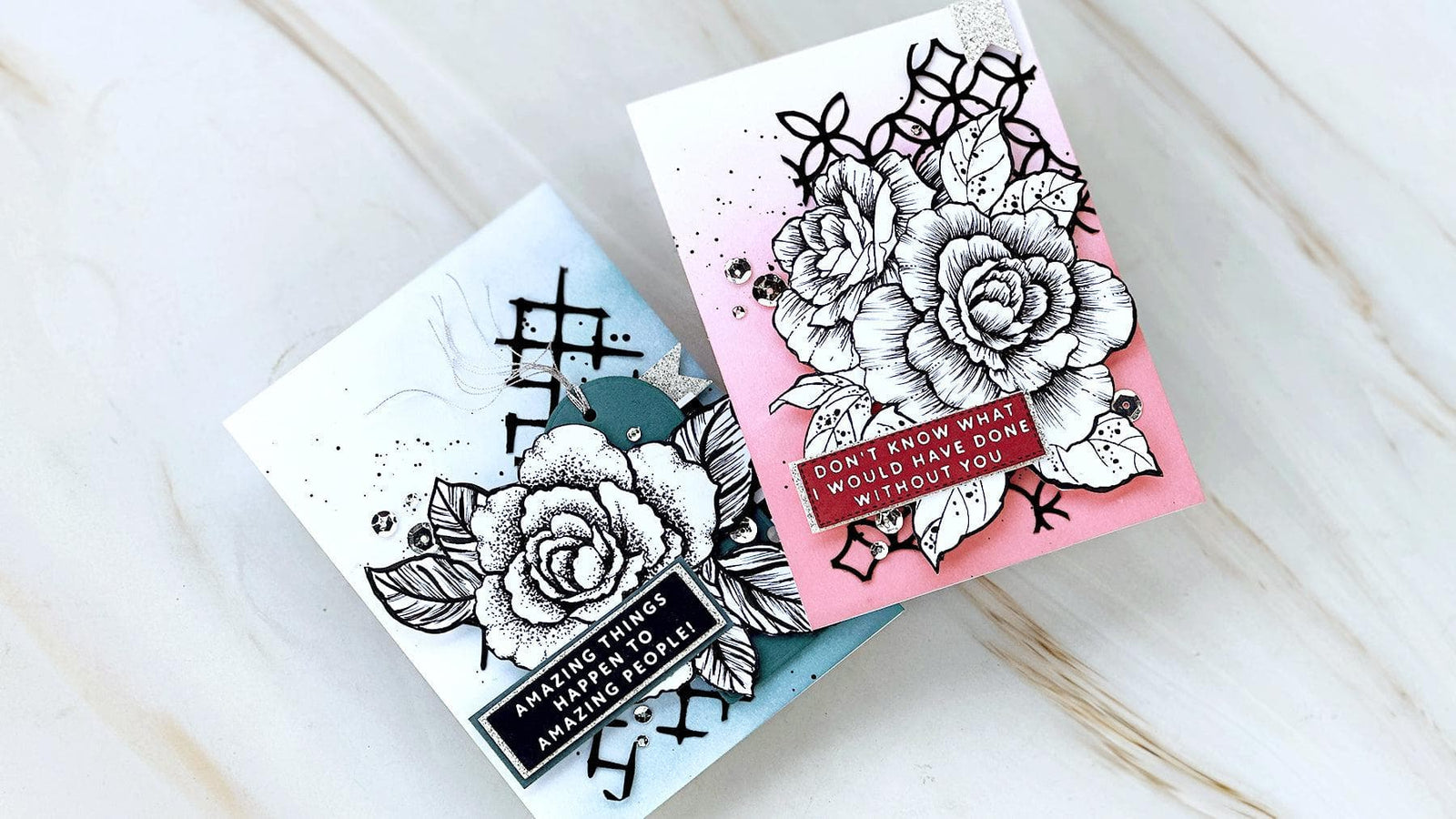 Two striking pen techniques on floral stamped cards using dot and line detailing