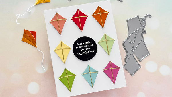 Colorful rainbow kite card featuring the Altenew Breezy Day Layering Die Set with a repeating grid design.