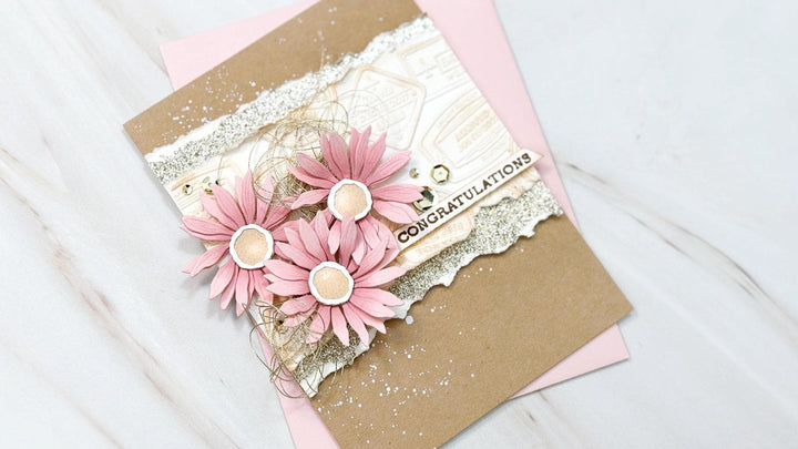 Rustic glam congratulations card with pastel florals, torn glitter edges, and embossed background