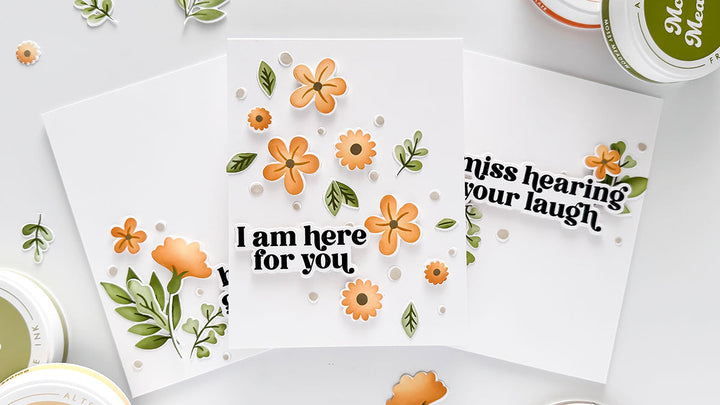 Three clean and simple fall floral cards created with Altenew's Zero-Waste Flowery Pattern Craft Your Life Project Kit, featuring golden orange flowers, sage green leaves, and bold black sentiments on white cardstock.