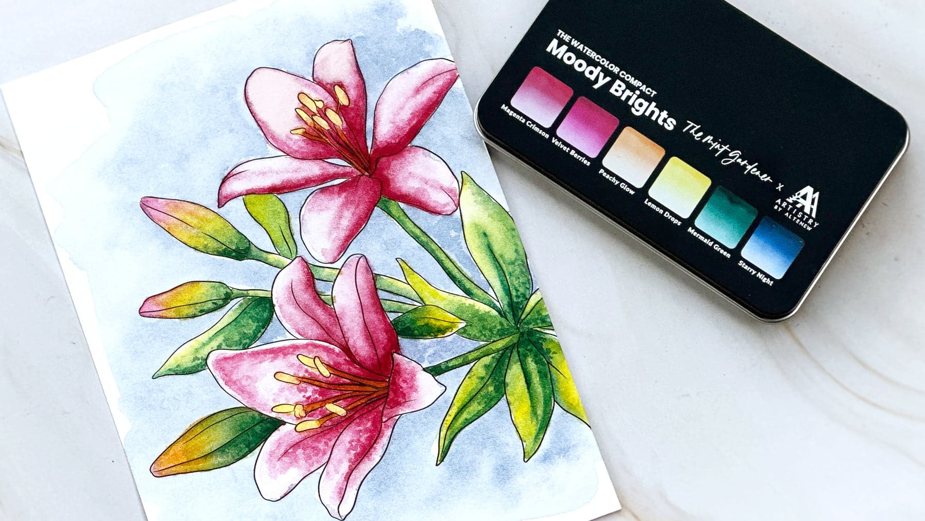 Pink watercolor floral card painted with the Moody Brights Palette