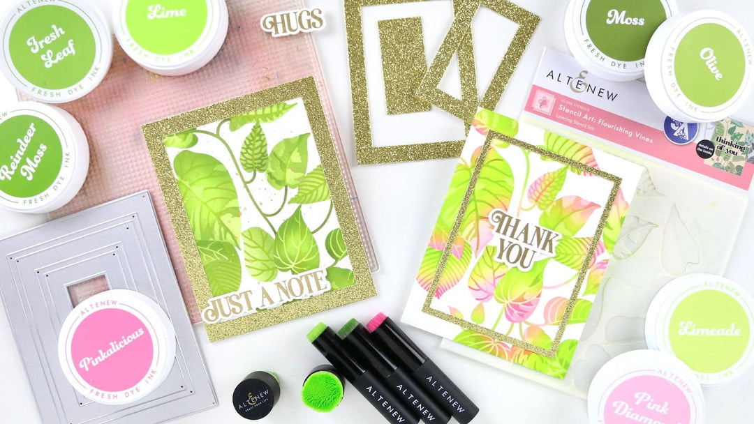 The photo shows the cards made with the Stencil Art: Flourishing Vines stencil set and lots of luscious inks from Altenew 