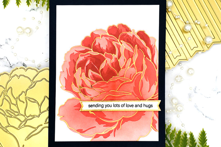 Rose hot foil plate design on a handmade card