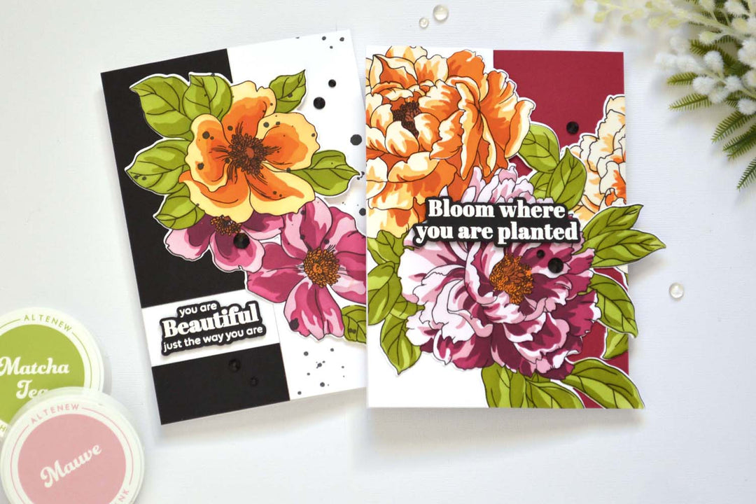 Large 5x7 fun fold greeting card made with Altenew Billowing Peonies Bundle, decorated with gem sparkles and accented using Onyx Black and Jet Black Ink Spray – Take 2 With Therese Calvird