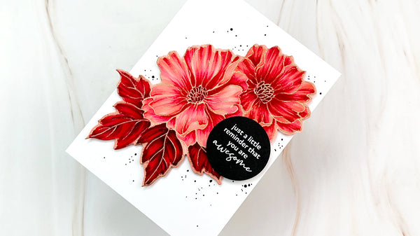 Red floral handmade card with black circular sentiment