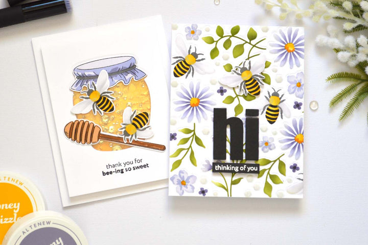 Bee-inspired handmade cards using coordinating dies and die-cutting techniques by Therese Calvird.