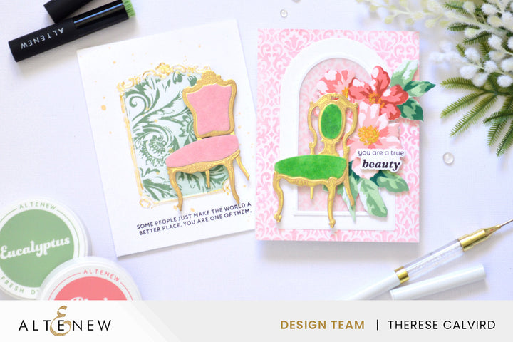 Two elegant textured cards featuring gold embossed details stencil techniques and flocked chair accents using Altenew products by Therese Calvird