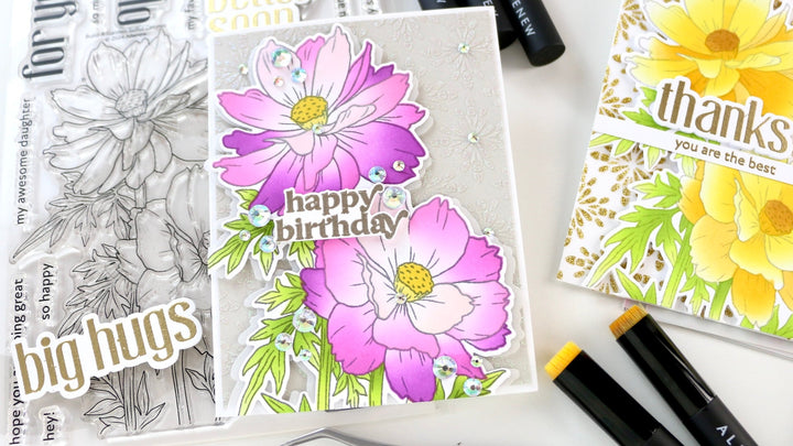 The photo shows a closeup of the card made with the Build-A-Garden Sulfur Cosmos 