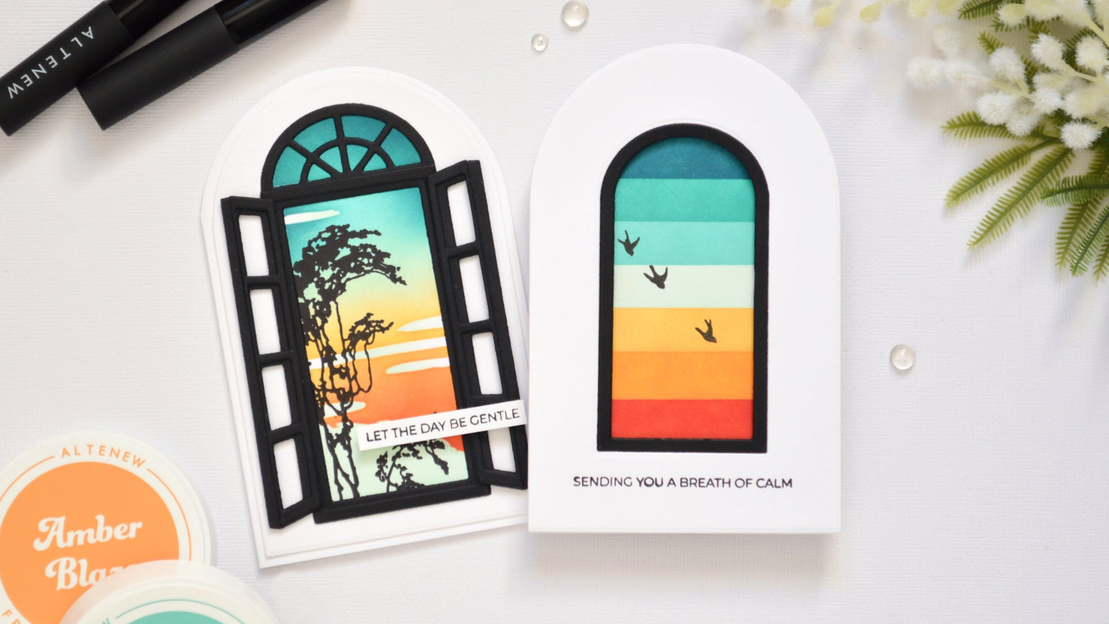 Two arched shaped cards with retro window scenes in teal, orange, and red, shown with the title Shaped Cards with a Retro Window Scene Twist.