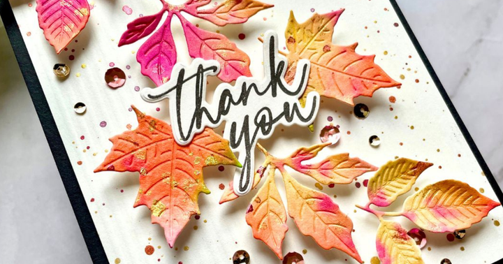 Handmade thank you card for autumn  featuring different sized leaves and the sentiment "thank you"