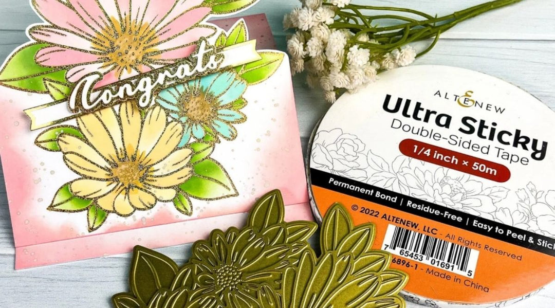 Altenew papercrafting supplies and a handmade card.