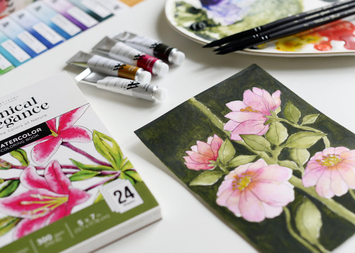 Painting floral design from Altenew Botanical Elegance Coloring Book with watercolor tubes
