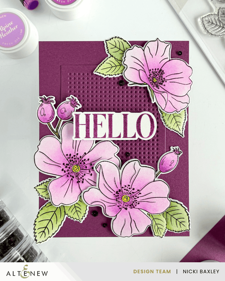 Handmade floral card featuring Altenew One-Go Briar Blossoms flowers and foliage on a deep purple background